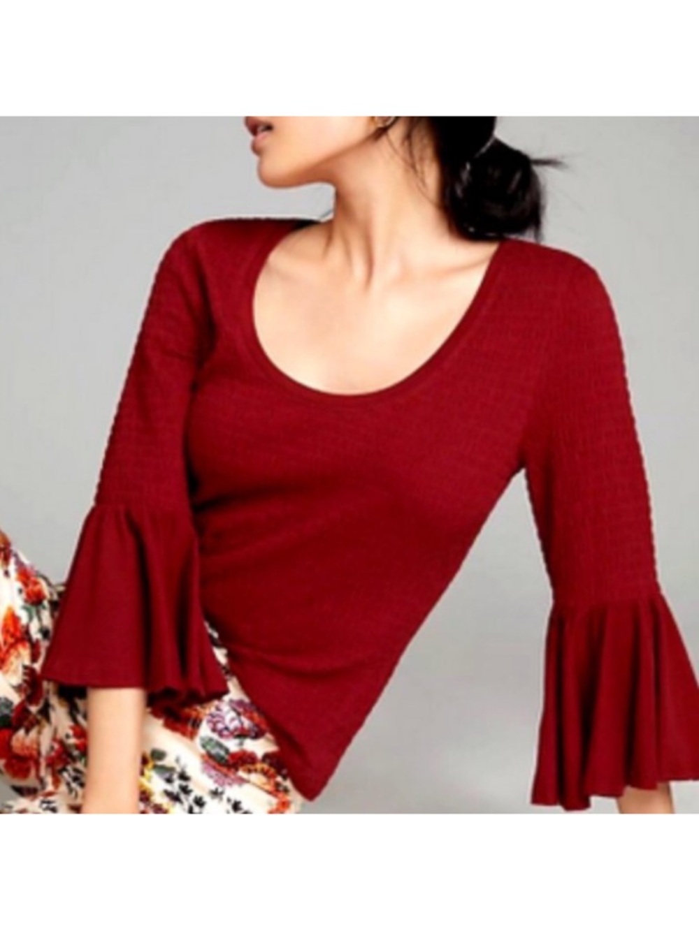 Anthropologie Smocked Bell-Sleeve Top Shirt Blouse Wine Red Burgundy Medium